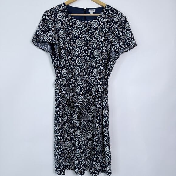 J. Crew Dresses & Skirts - J Crew Belted Dress Size 14 Navy Blue Floral Paisley Lined Classic Office Modest